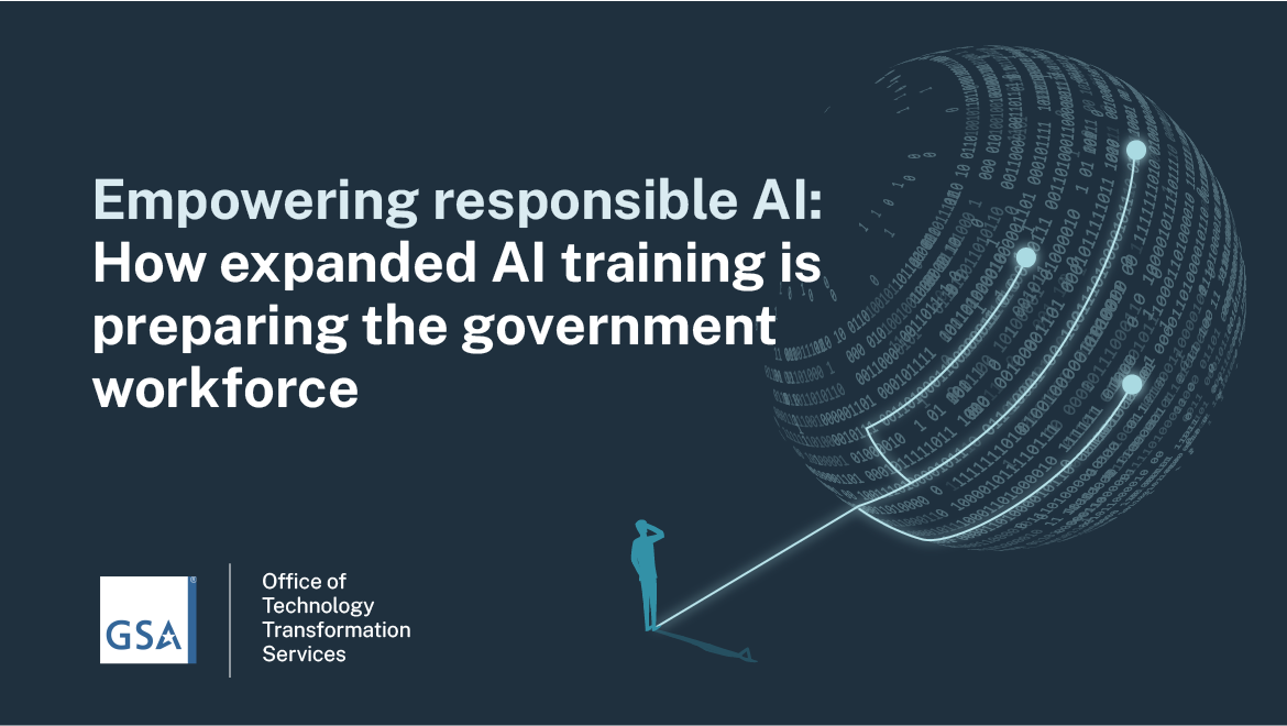 A blue background with a globe and the text "How expanded AI training is preparing the government workforce"