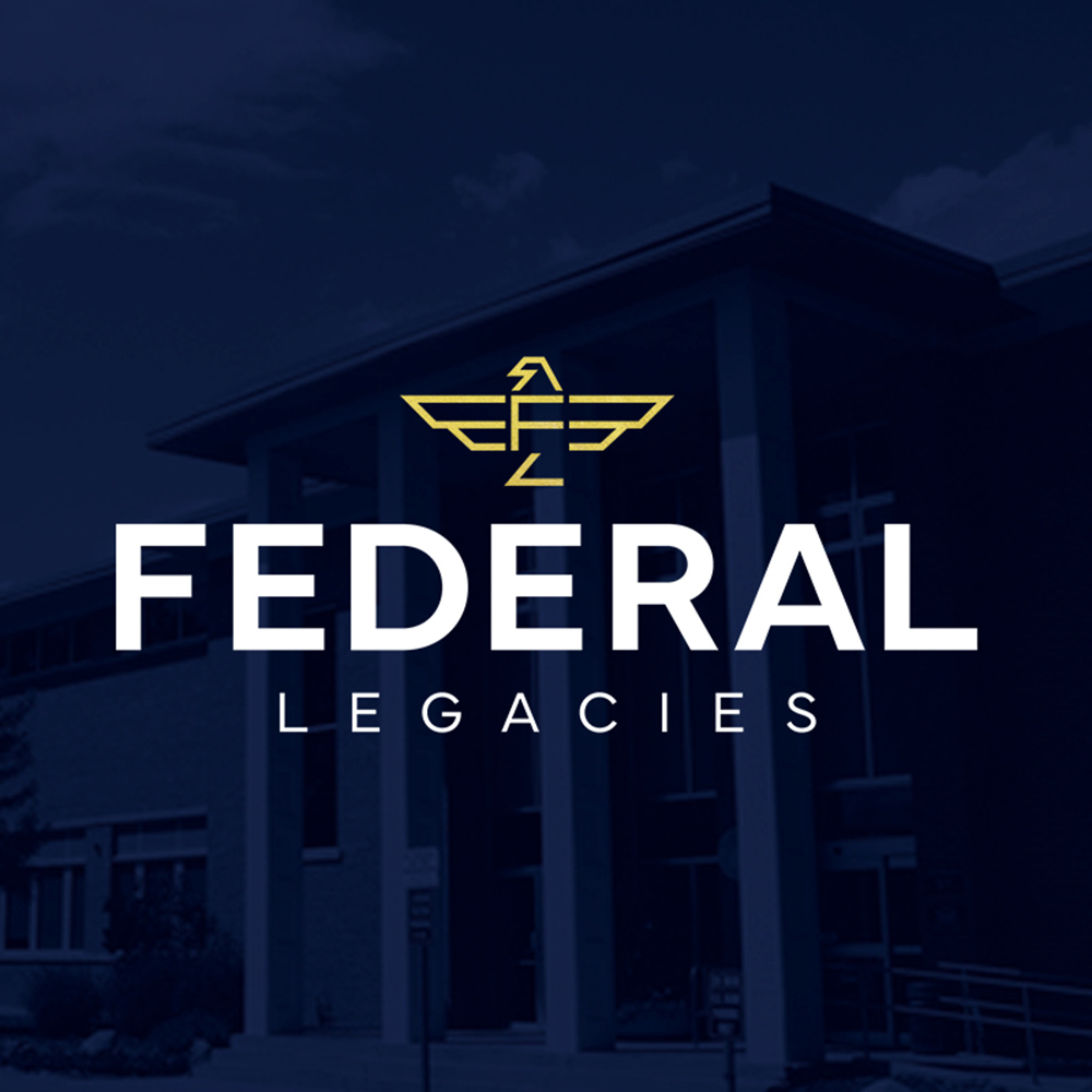 A blue duotone building with text and the federal legacies logo over.
