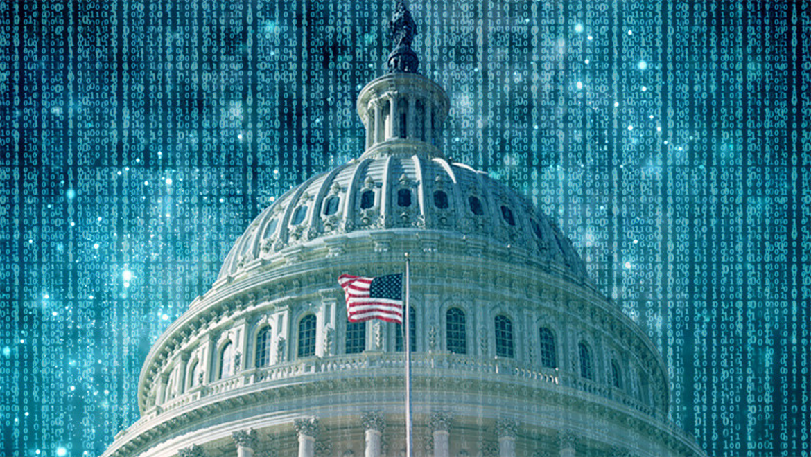 Capitol dome and flag with binary code overlay