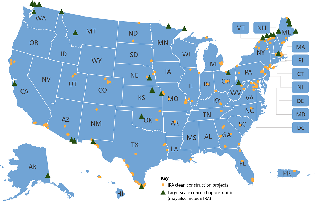 U.S. map with 2-letter state abbreviations and orange circles for IRA projects and green triangles for capital projects.