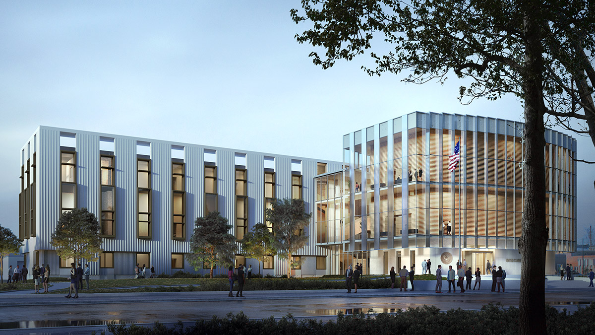 Rendering of Greenville Federal Courthouse, a multi-level building with modern vertical lines, shapes, and spaces