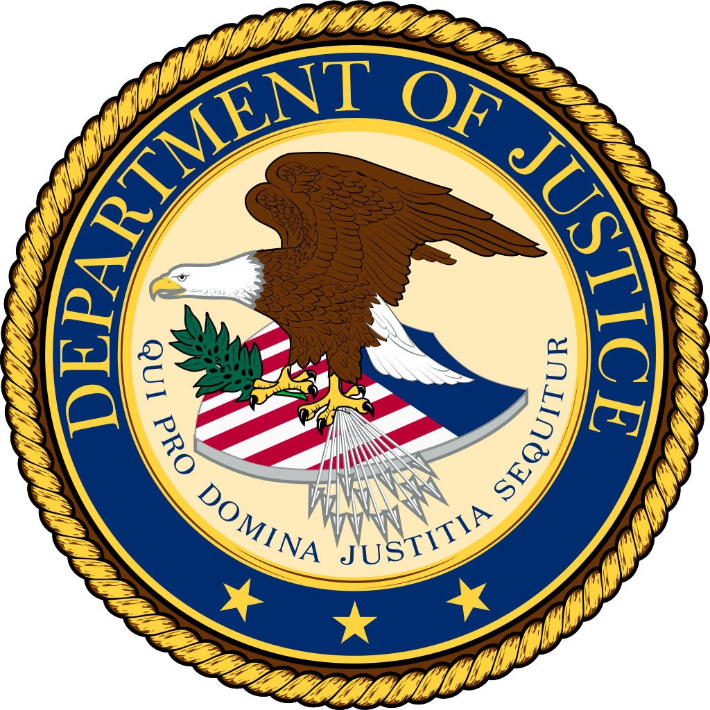 Blue and yellow seal with text Department of Justice. Qui pro domina justitita sequitur.