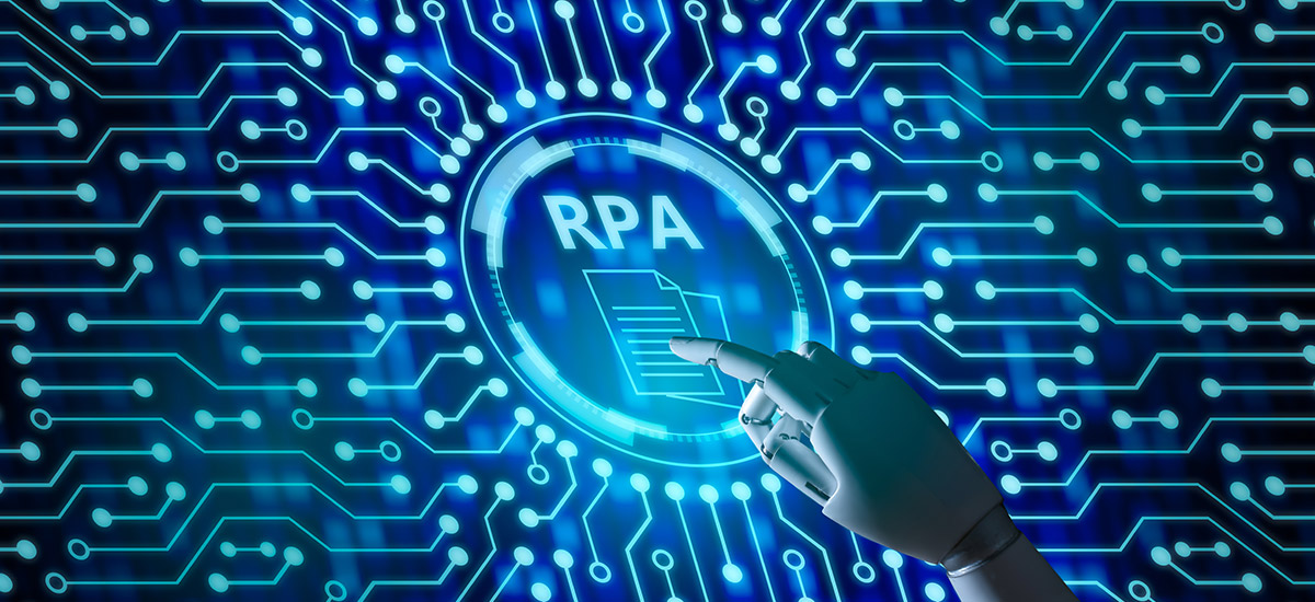 Series of nodes with a robotic hand touching a screen with RPA in a circle