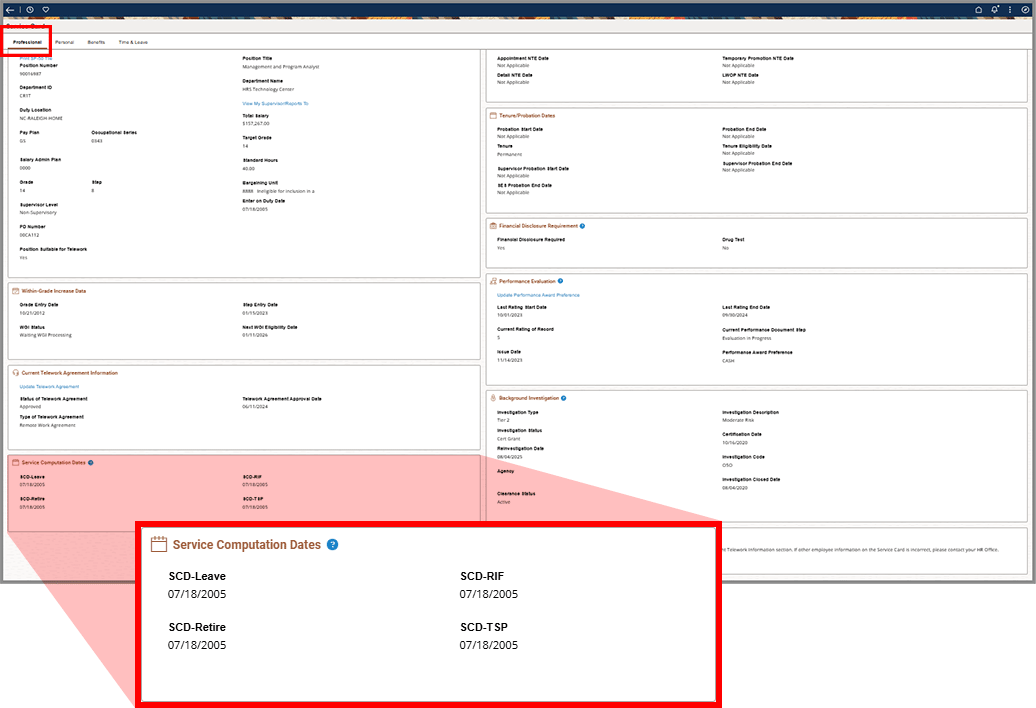  Screenshot showing service computation dates flying out from professional tab.