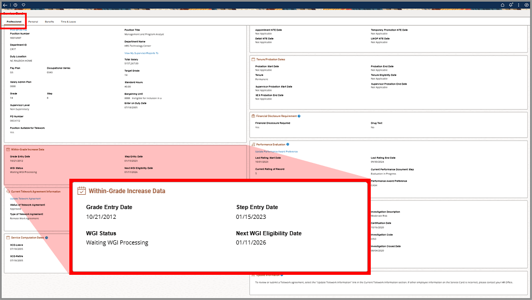 Screenshot showing within grade increase flying out from the professional tab.