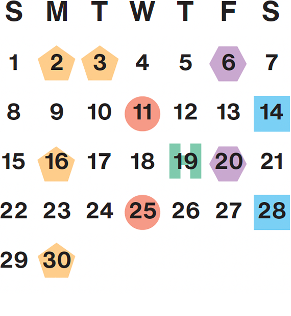 June 2025 calendar month grid with columns for Sunday to Saturday, June 1 on Sun first row, and June 30 on Mon fifth row