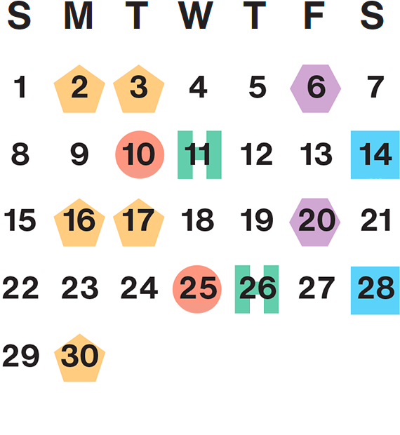 November 2026 calendar month grid with columns for Sunday to Saturday, Nov 1 on Sun first row, and Nov 30 on Mon fifth row