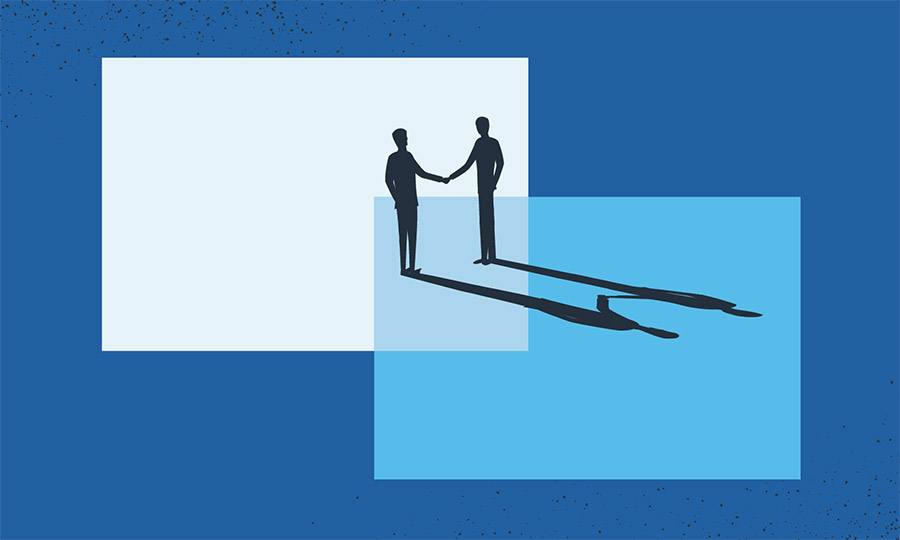 Illustration of two people shaking hands in the overlapping area of two rectangles