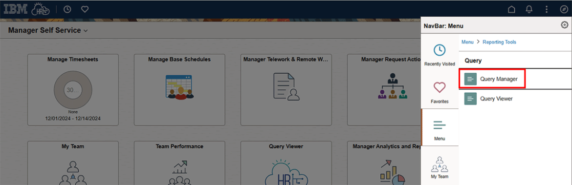  Screenshot showing Query Manager highlighted in NavBar: Menu