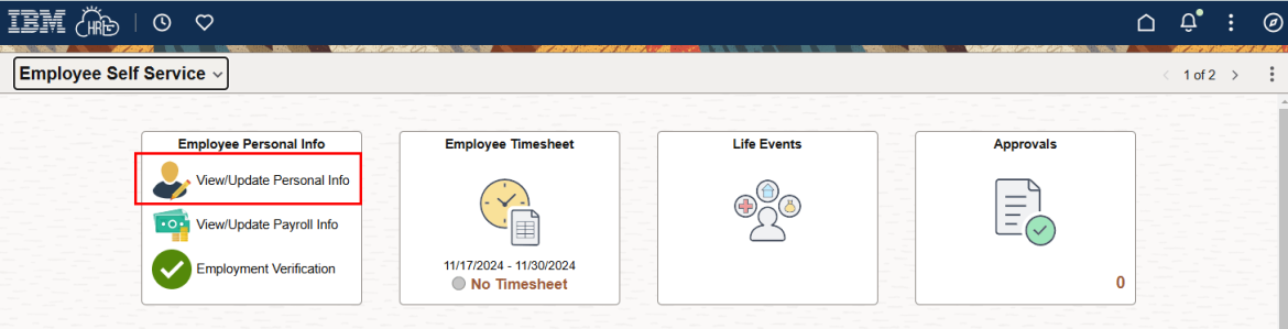 Screenshot showing Employee Self Serve page with View/Update Personal Info tile highlighted in red.