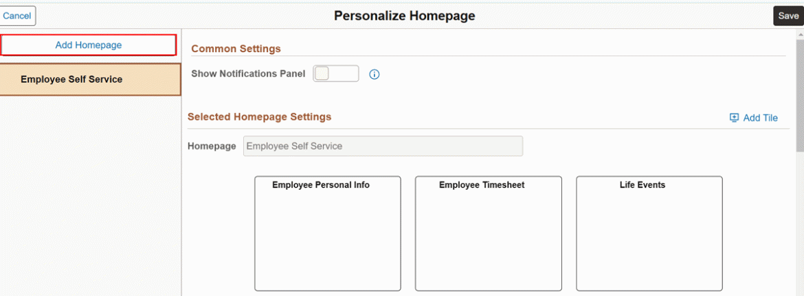  Screenshot of Personalize Homepage box with &quot;Add Homepage&quot; link highlighted in red.