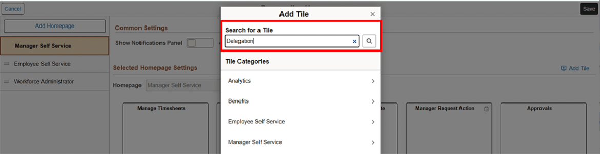  Screenshot showing Delegation in search for a title field highlighted in red.