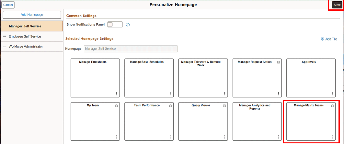 Screenshot showing the new Manage Matric Teams tile and the Save button highlighted in red.