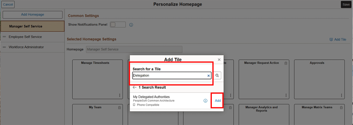  Screenshot showing Delegation search results and Add button highlighted in red.