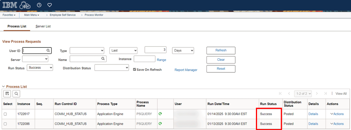  Screenshot showing Run status of success highlighted in red.