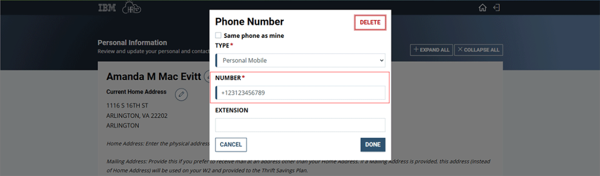 Screenshot showing sample international number format in the Number field highlighted in red.