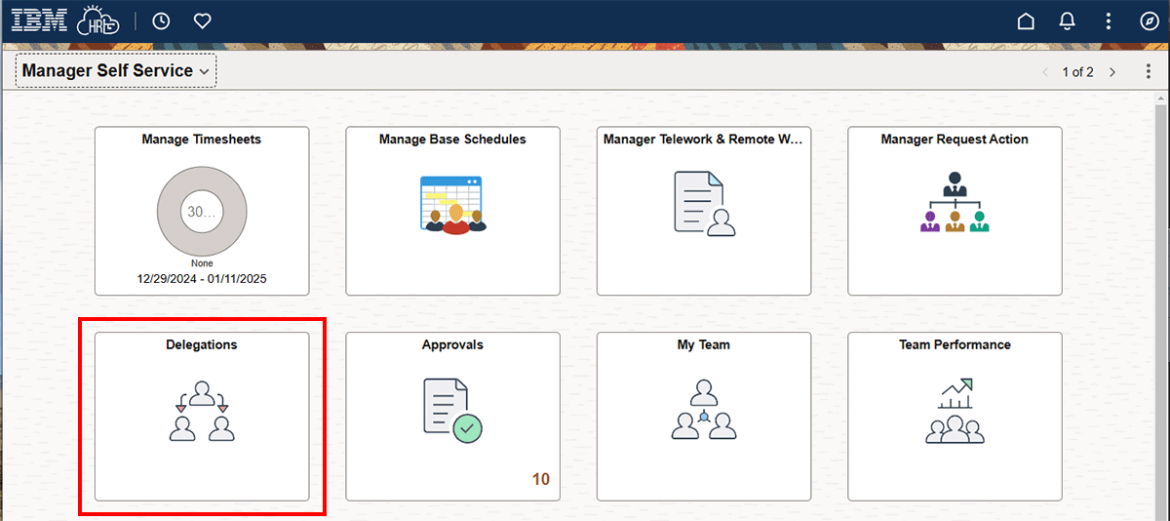  Screenshot showing Manager Self Service page with the Delegations tile highlighted in red.