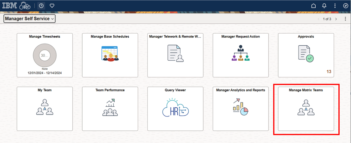 Screenshot showing Manage Matrix Teams tile highlighted in red.