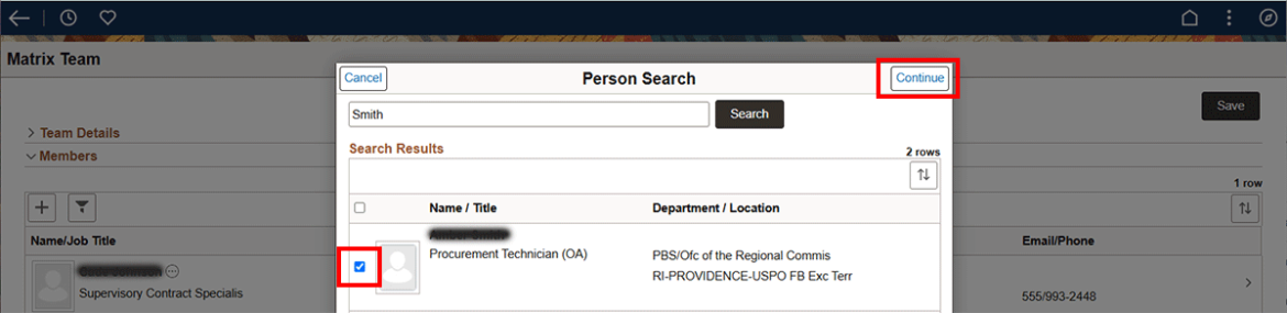  Screenshot showing name selected in Person Search popup and Continue button highlighted in red.
