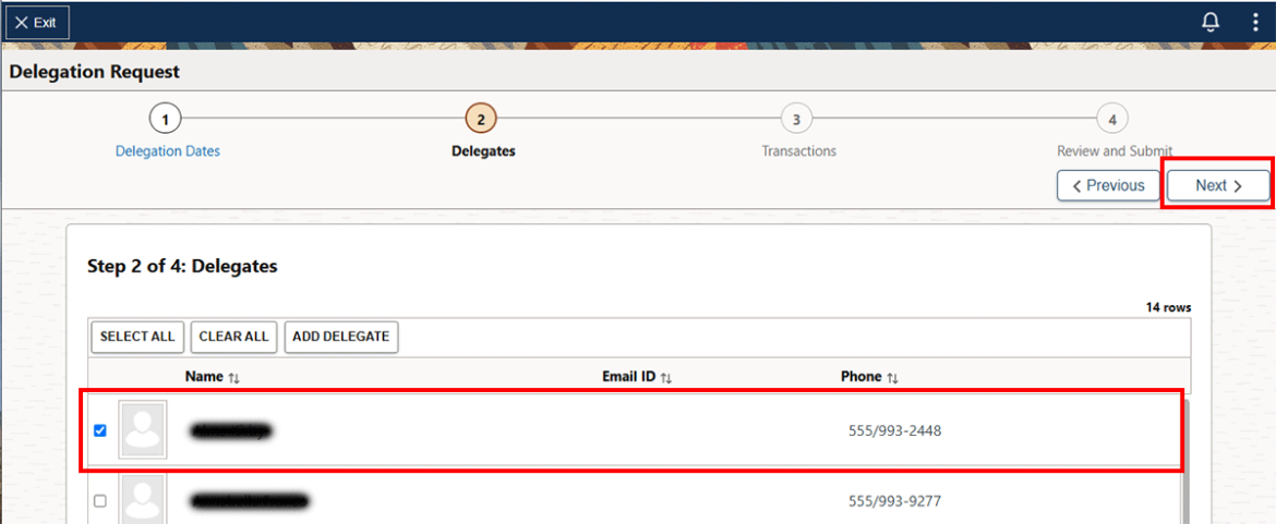  Screenshot showing available delegatees and the next button highlighted in red.