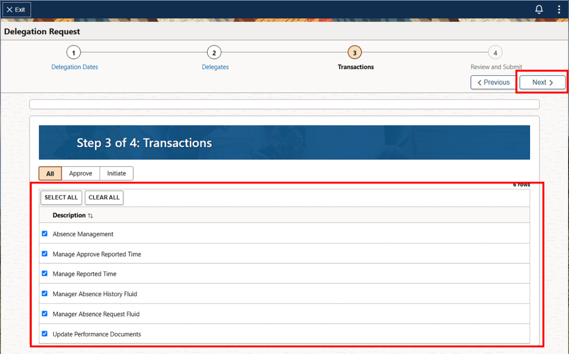  Screenshot showing transactions that can be delegated and the Next button highlighted in red.