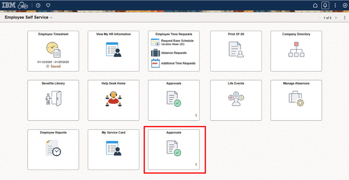  Screenshot showing the Approvals tile highlighted in red.