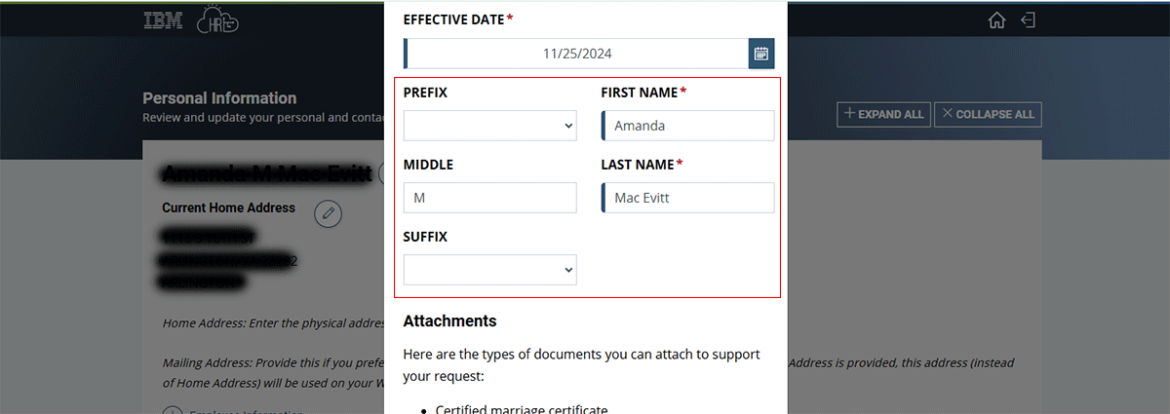  Screenshot showing the name fields highlighted in red, Prefix, first name, middle, last name, and suffix.