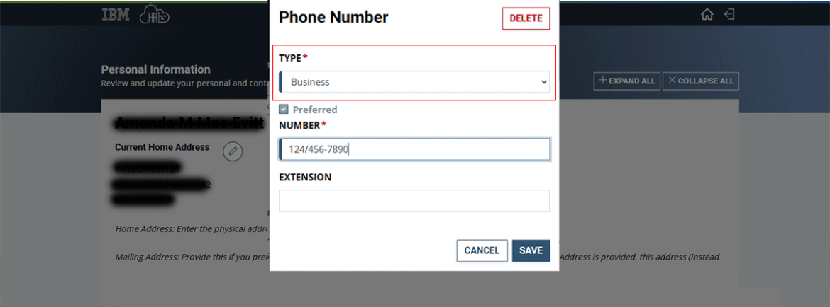 Screenshot showing phone type drop down highlighted in red.