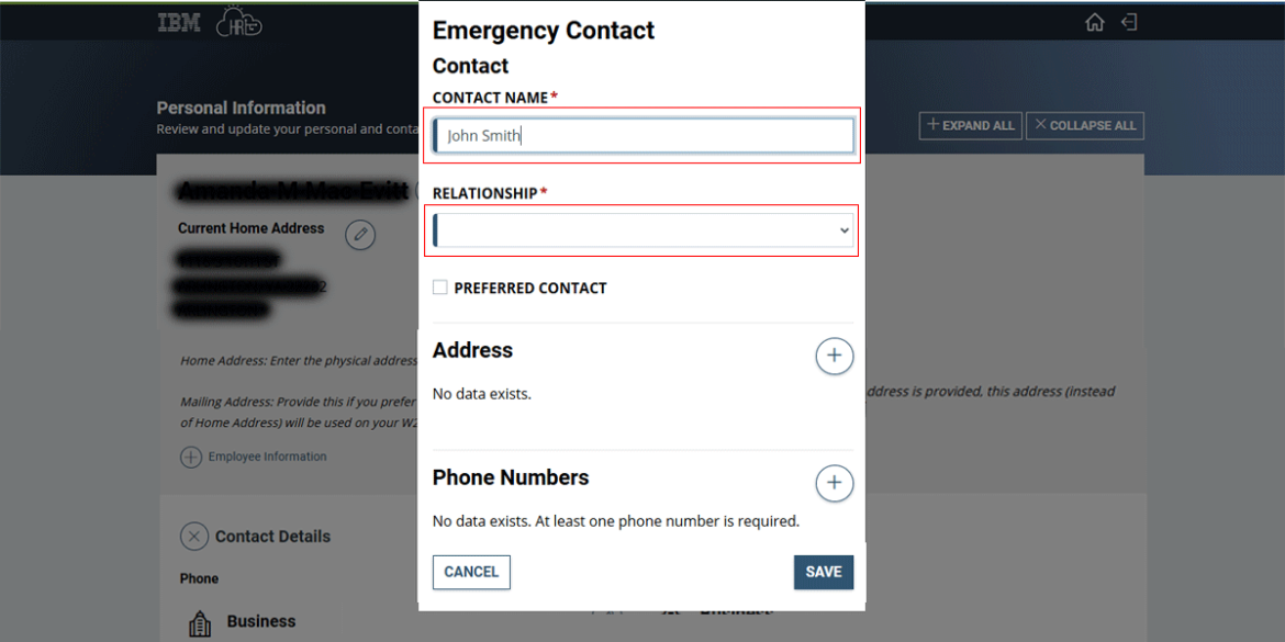  Screenshot showing contact name and relationship fields highlighted in red.