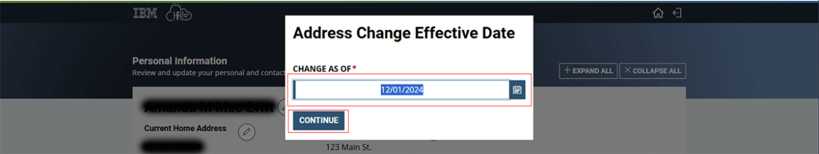  Screenshot showing popup with address change effective date and Continue button highlighted in red.