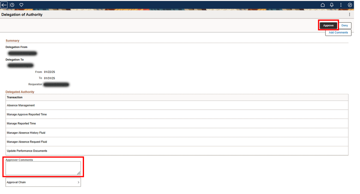  Screenshot showing approver comments and Approve button highlighted in red.