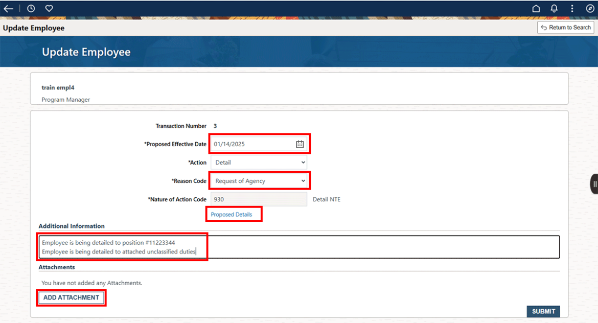 Screenshot showing the Update Employee fields including effective date, reason code, additional information, et al highlighted in red.