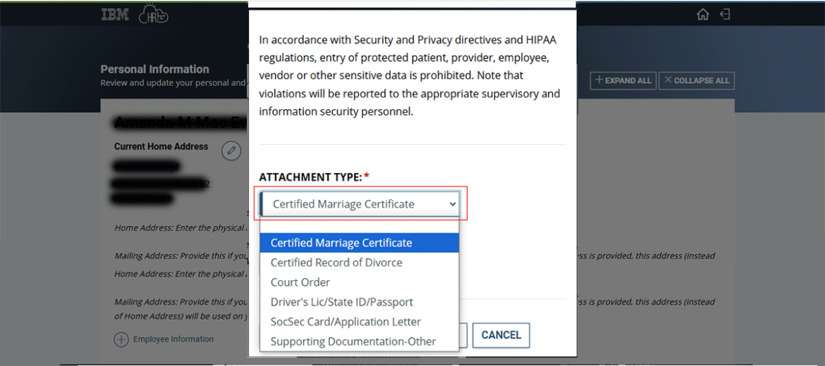 Screenshot showing Attachment popup with the Attachment type drop down highlighted in red.