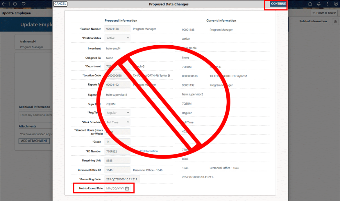  Screenshot showing Proposed Data Changes popup with the Not to Exceed Date field highlighted in red.