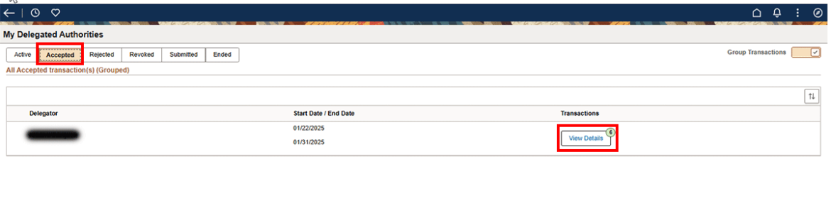  Screenshot showing My Delegated Authorities page with Accepted tab and View details button highlighted in red.