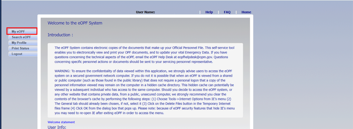  Screenshot of the eOPF landing page with My eOPF highlighted in red in left hand column.