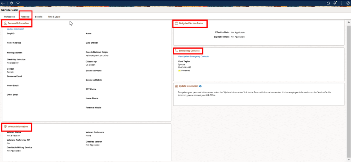 Screenshot showing Personal tab with four main sections highlighted in red, Personal info, veteran info, emergency contacts and obligated