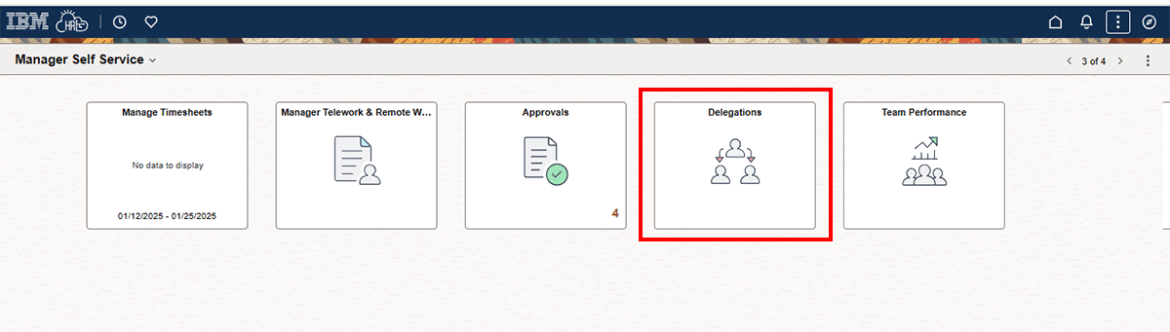  Screenshot showing Manager Self Service page with the Delegations tile highlighted in red.