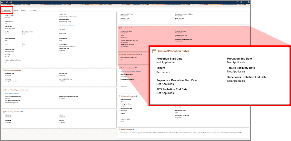  Screenshot showing tenure probation dates flying out of professional tab.