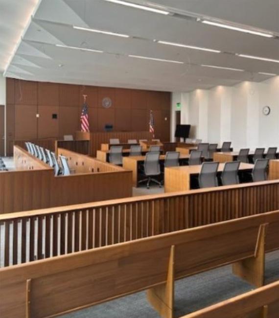 Interior finishes of one of the courtrooms in the Rambo U.S. Courthouse.