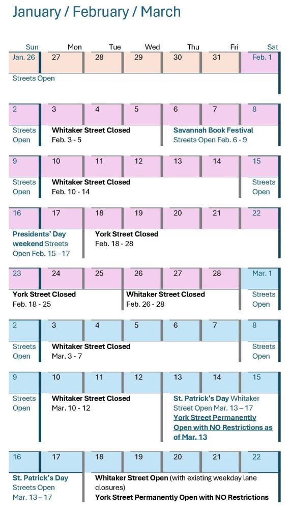 Road closure calendar from Feb. 3 through March 31 for Whitaker and York Street in Savannah, GA