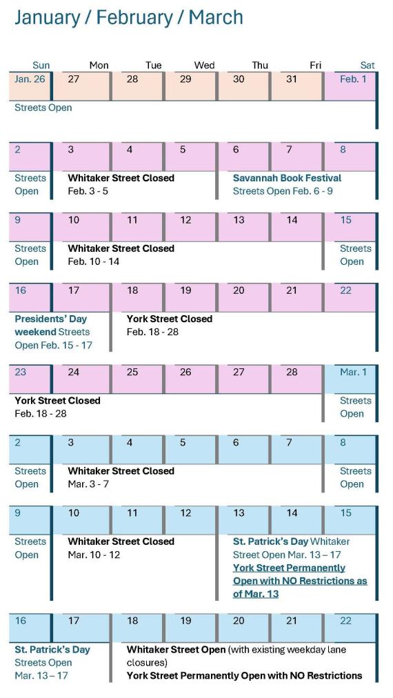 Road closure calendar from Feb. 3 through March 31 for Whitaker and York Street in Savannah, GA