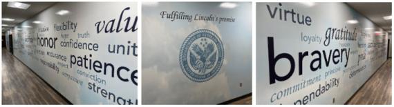 3 photos of walls with words, the central photo showing Veterans emblem