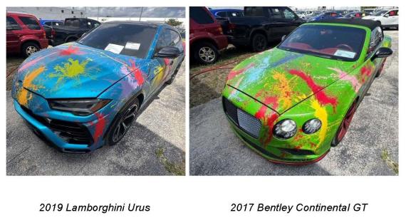 Pictured left to right a 2019 Lamborghini Urus and 2017 Bentley Continental GT splattered with paint.