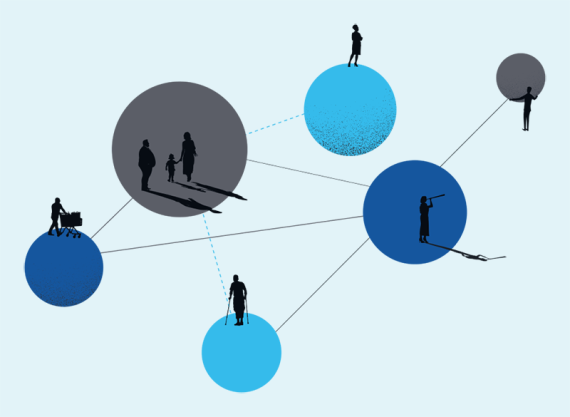 Illustration showing blue and gray circles and people and lines connecting them