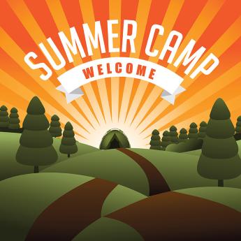 Orange, green, and brown landscape with a small tent, some trees, and words reading Summer Camp Welcome.