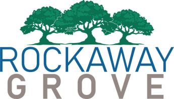 Three green trees at the center. text in blue reads Rockaway. text in Grey below that reads Grove.