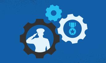 Illustration of three gears with a silhouette of a military person saluting in one, and a medal in another