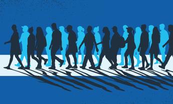 Illustration of crowd of people with long shadows walking in the same direction to the left