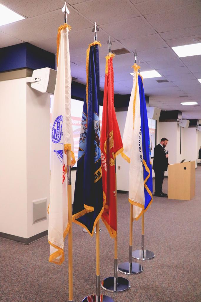 The Thomas Jefferson High School JROTC Color Guard posted the five service flags during the ceremony.